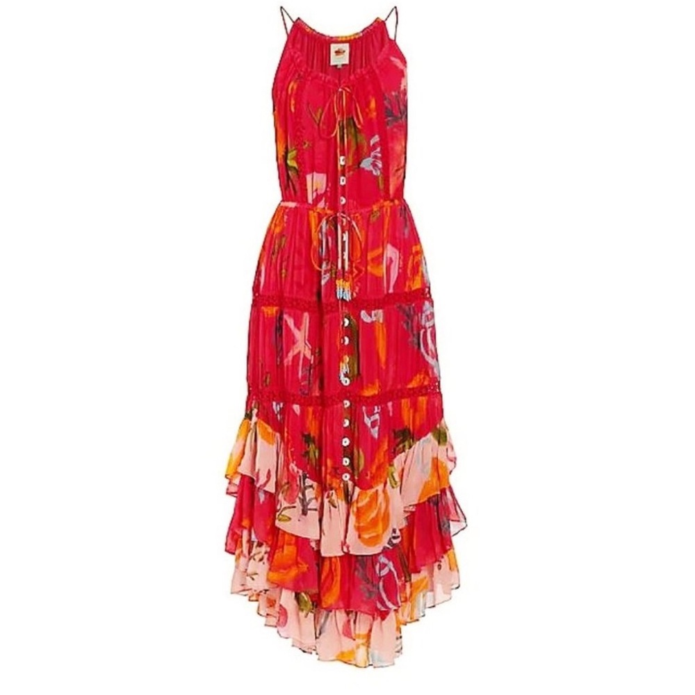 Farm Rio Mixed Fruits Ocean asymmetrical midi dress size large worn once